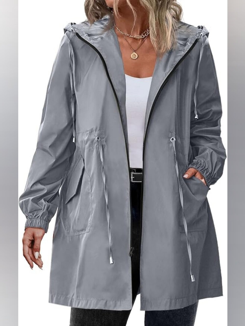 In'Voland Lightweight Hooded Trench/Rain Coat with Drawstring Waist
